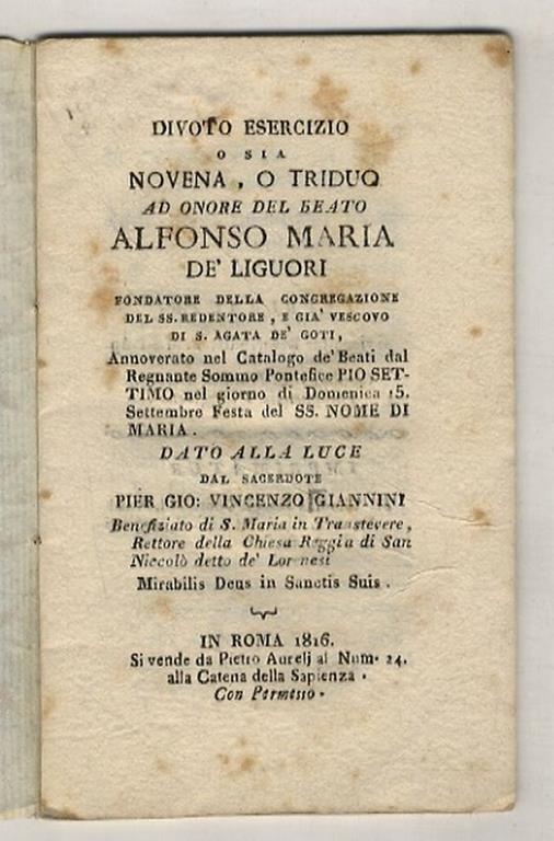 Divoto esercizio o sia novena, o triduo ad onore del Beato Alfonso Maria de' Liguori - copertina