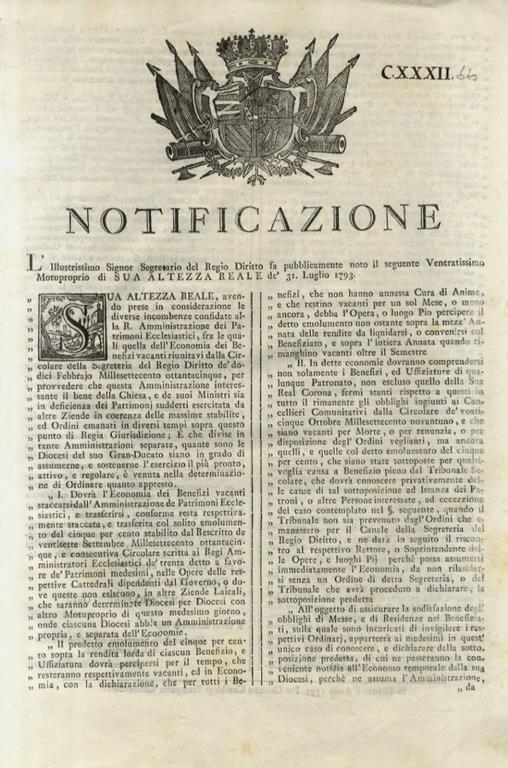 “Notificazione”. Sua Altezza Reale, avendo prese in considerazione le diverse incombenze confidate alla R. Amministrazione dei Patrimoni Ecclesiastici, fra le quali quella dell'Economia dei Benefizi vacanti... Dovrà l'Economia dei Benefizi vacanti st - copertina