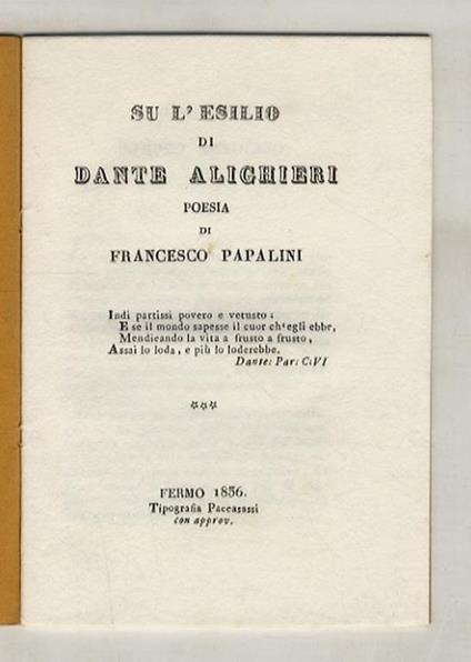 Su l'esilio di Dante Alighieri. Poesia (...) - P. Francesco Paolini - copertina