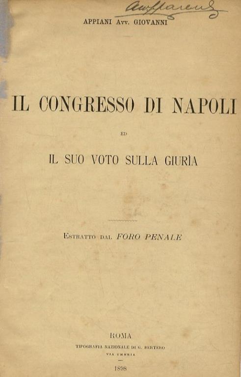 Il Congresso di Napoli ed il suo voto sulla giuria - Giovanni Aiani - copertina