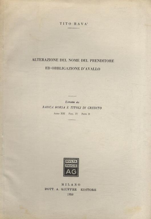Alterazione del nome del prenditore ed obbligazione d'avallo - Tito Ravà - copertina