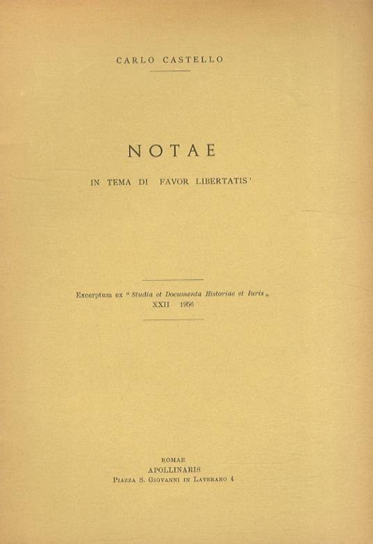Notae in tema di 'favor libertatis' - Carlo L. Castello - copertina