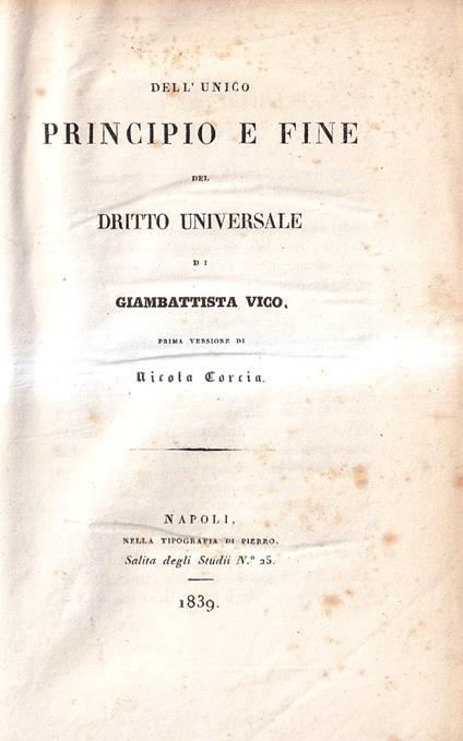 Dell'unico principio e dell'unico fine del diritto universale - Giambattista Vico - copertina