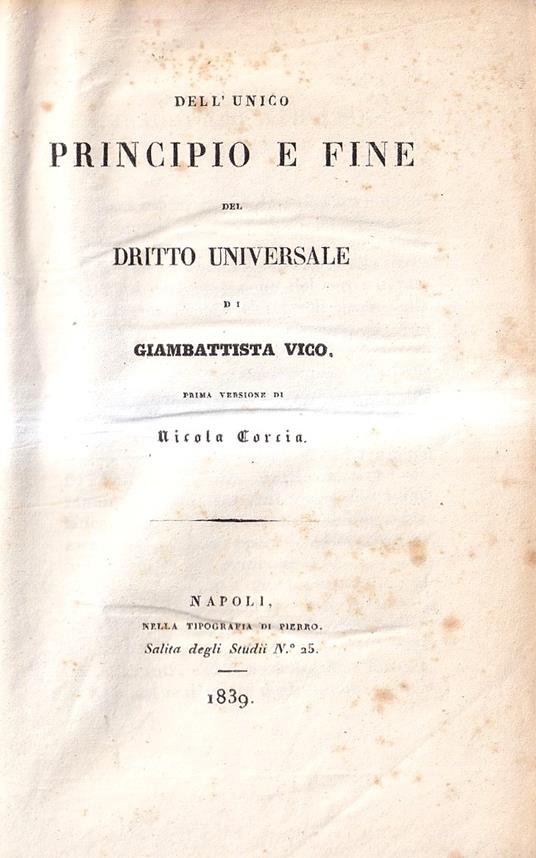 Dell'unico principio e dell'unico fine del diritto universale - Giambattista Vico - copertina