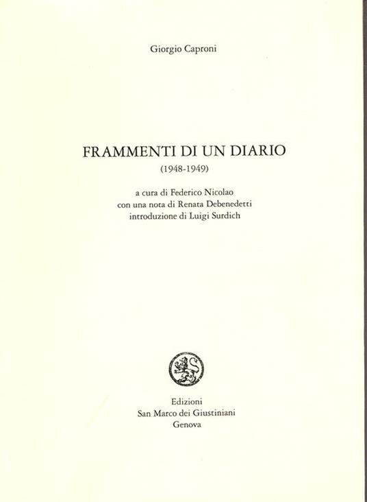 Frammenti di un diario (1948 - 1949) - Giorgio Caproni - copertina