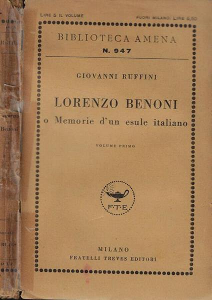 Lorenzo Benoni o Memorie d'un esule italiano Vol. I - Giovanni Ruffini - copertina