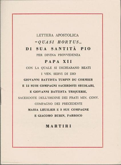 Lettera apostolica "Quasi Hortus" di sua Santità Pio per divina provvidenza Papa XII - Pio XII - copertina