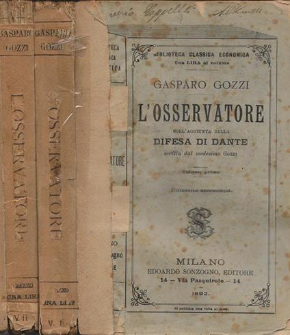 L' Osservatore (coll'aggiunta della Difesa di Dante scritta dal medesimo Gozzi e di una prefazione biografico-critica). Vol. I e Vol. II - Gasparo Gozzi - copertina