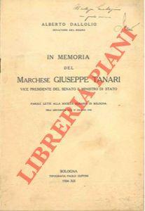 In memoria del Marchese Giuseppe Tanari vice presidente del Senato e Ministro di Stato - Alberto Dallolio - copertina