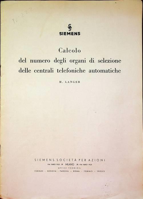 Calcolo del numero degli organi di selezione delle centrali telefoniche automatiche - Max Langer - copertina