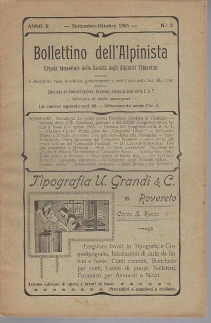 Bollettino dell'alpinista: rivista bimestrale della Società degli alpinisti tridentini: A. II - N. 2 - settembre ottobre 1905 - copertina