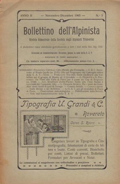 Bollettino dell'alpinista: rivista bimestrale della Società degli alpinisti tridentini: A. II - N. 3 - novembre dicembre 1905 - copertina