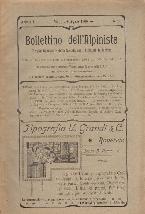 Bollettino dell'alpinista: rivista bimestrale della Società degli alpinisti tridentini: A. II - N. 6 - maggio giugno 1906 - copertina