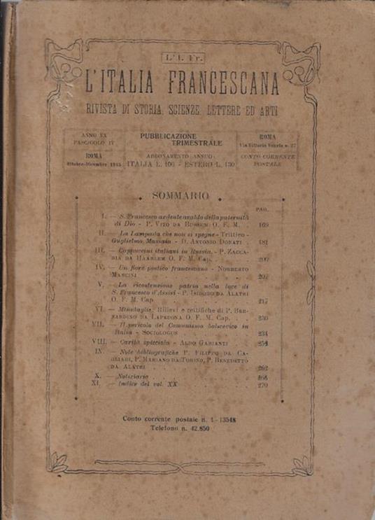 L' Italia francescana Anno XX° Fasc. IV - copertina