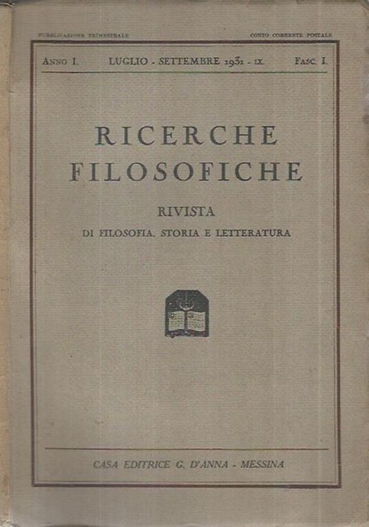 Ricerche filosofiche Fascicolo I, Anno I, 1931 - copertina