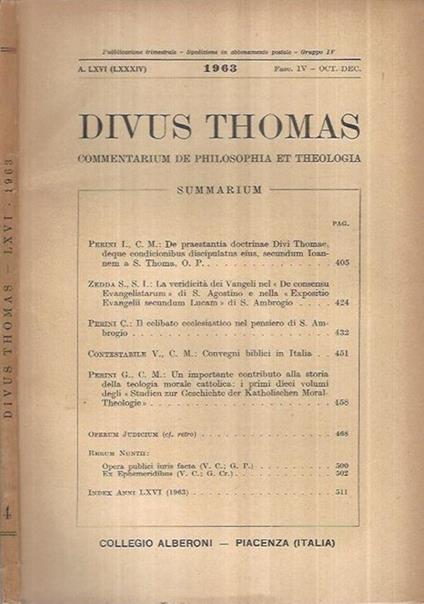 Divus Thomas Anno 1963 Fasc. IV - copertina