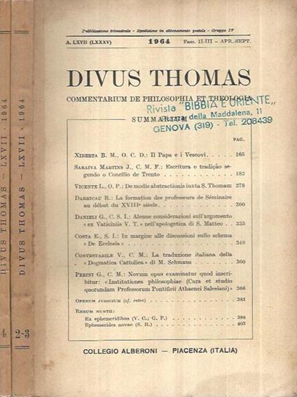 Divus Thomas Anno 1964 Fasc. II-III e IV - copertina