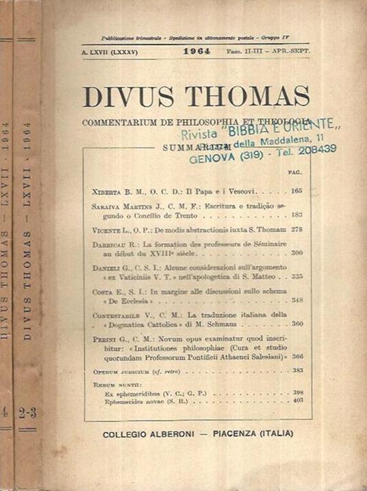 Divus Thomas Anno 1964 Fasc. II-III e IV - copertina