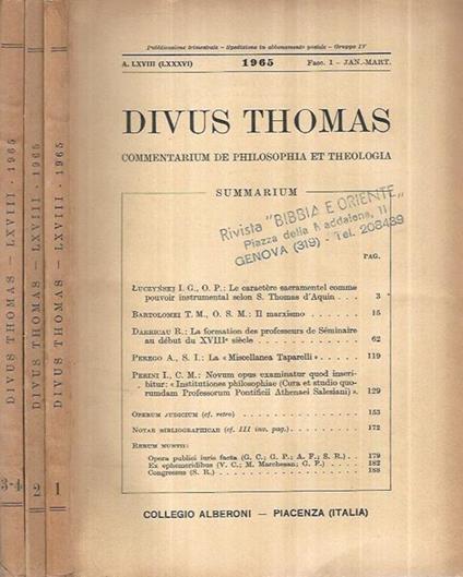 Divus Thomas Anno 1965 Fasc. I-II-III - copertina