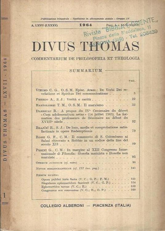 Divus Thomas Anno 1964 Fasc. I - copertina