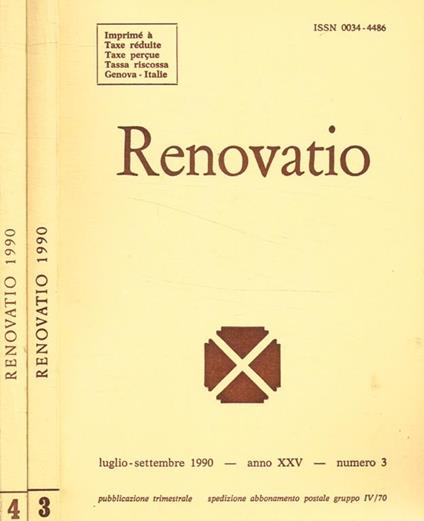 Renovatio. Rivista di teologia e cultura. Anno XXV, n.3, 4, 1990 - Alberto Boldorini - copertina