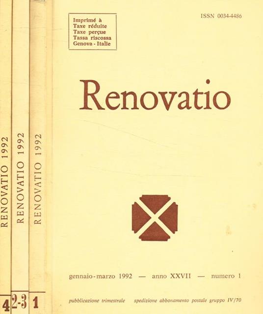 Renovatio. Rivista di teologia e cultura. Anno XXVII, 1992 - Alberto Boldorini - copertina
