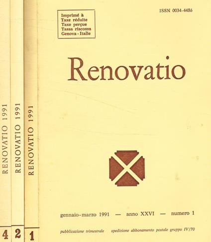 Renovatio. Rivista di teologia e cultura. Anno XXVI, n.1, 2, 4, 1991 - Alberto Boldorini - copertina
