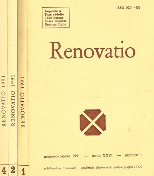 Renovatio. Rivista di teologia e cultura. Anno XXVI, n.1, 2, 4, 1991 - Alberto Boldorini - copertina