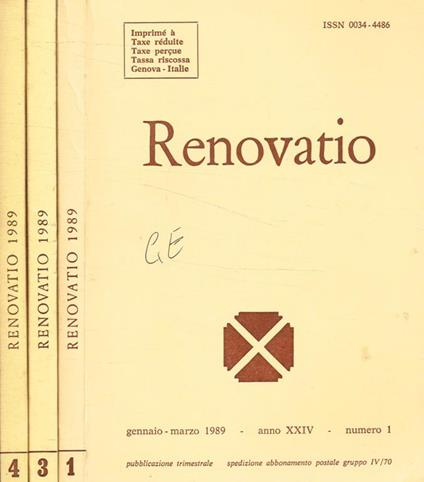 Renovatio. Rivista di teologia e cultura. Anno XXIV, n.1, 3, 4, 1989 - Alberto Boldorini - copertina