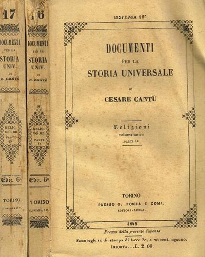 Documenti per la storia universale. Vol.unico parte I, II - Cesare Cantù - copertina
