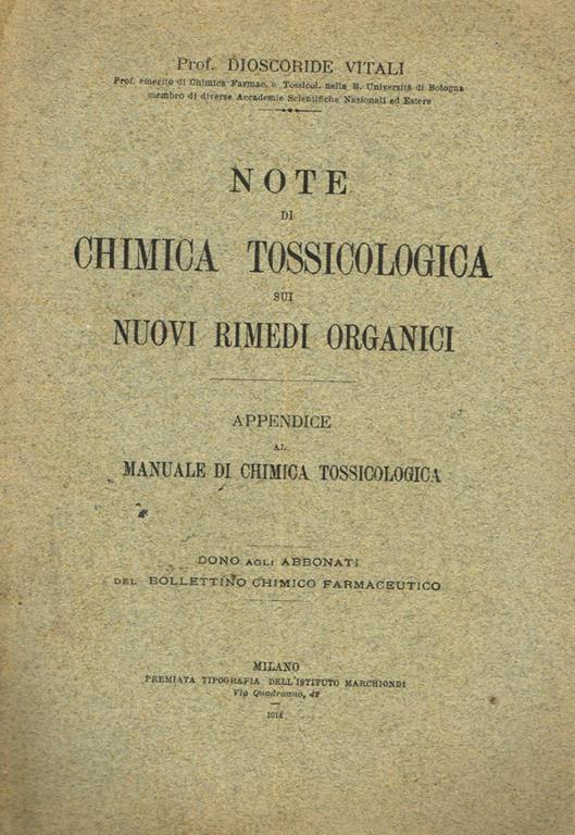 Note di chimica tossicologica sui nuovi rimedi organici - Dioscoride Vitali - copertina