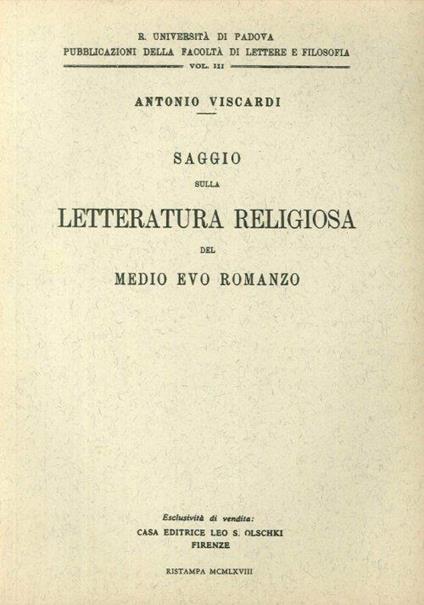 Saggio sulla Letteratura Religiosa del Medio Evo Romanzo - Antonio Viscardi - copertina