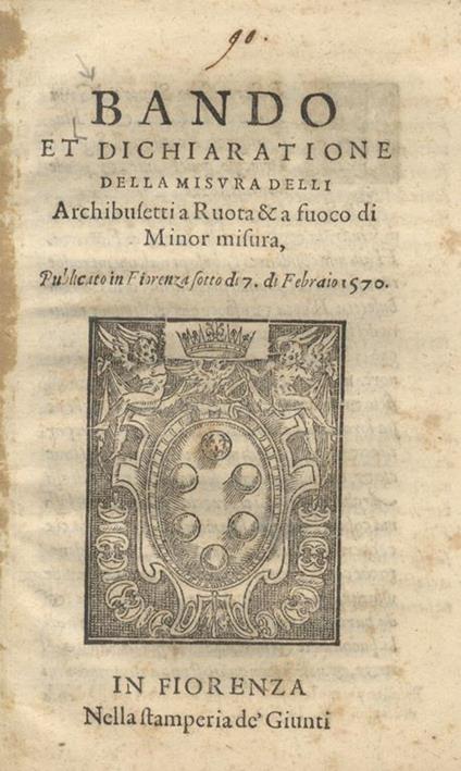 Bando et dichiaratione della misura delli archibusetti a ruota & a fuoco di minor misura, publicato in Fiorenza sotto di 7. di febraio 1570 - copertina