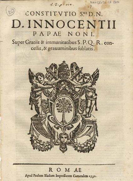Constitutio S.mi D.N. D. Innocentii Papae noni super gratii & immunitatibus S.P.Q.R. concessis &, gravaminibus sublatis - copertina