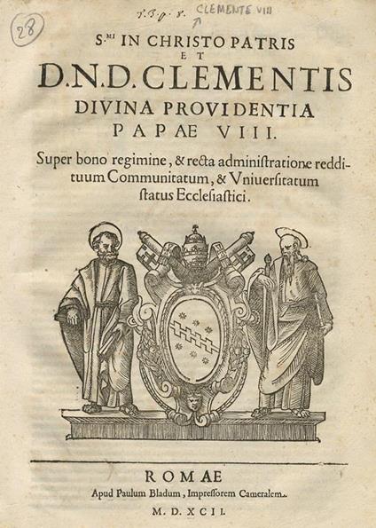 Super bono regimine, & recta administratione reddituum Communitatum, & Universitatum status Ecclesiastici - Clemente VIII - copertina