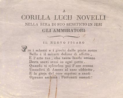 A Corilla Lucij Novelli nella sera di suo beneficio in Jesi gli ammiratori. Segue una breve composizione poetica intitolata Il nuovo Figaro: 8 versi non firmati: primo verso: Fra i scherzi e i giochi delle pinte scene - copertina