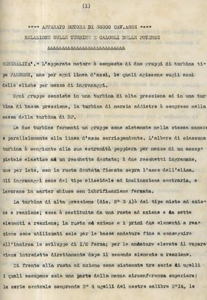 Apparato Motore Di 35000 Cav-Asse. Fascicolo I°: Relazione Sulle Turbine E Calcoli Delle Potenze,. Fascicolo Ii°: Spinte Assiali Sui Rotanti Delle Turbine E Loro Equilibramento - copertina