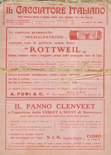 Il Cacciatore italiano. Rivista settimanale illustrata di cinegetica, cinofilia, caccia, uccellagione, tiro a volo, pesca, ecc. Anno XXVII, n. 22. 1 giugno 1913 - copertina