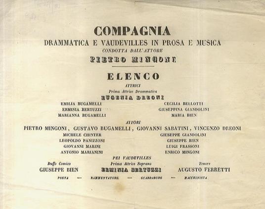 Compagnia Drammatica E Vaudevilles In Prosa E Musica Dell'Attore Pietro Mingoni. Elenco Segue L'Elenco Completo Delle Attrici E Attori Componenti La Compagnia - copertina