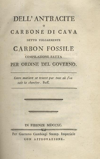 Dell'antracite o carbone di cava volgarmente carbon fossile. Compilazione fatta per ordine del governo - Giovanni Fabbroni - copertina