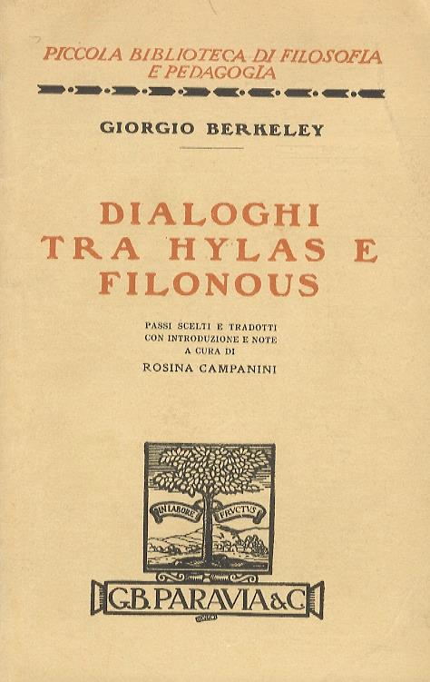 Dialoghi tra Hylas e Filonous. Passi scelti e tradotti con introduzione e note a cura di Rosina Campanini - George Berkeley - copertina