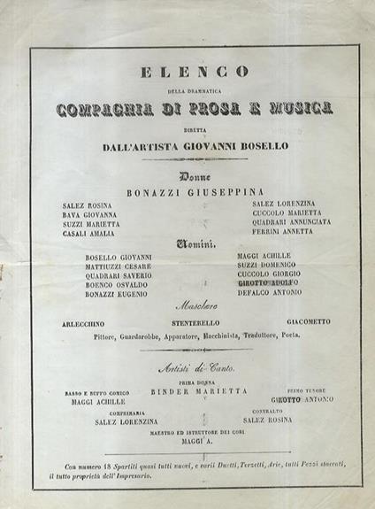 Elenco Della Drammatica Compagnia Di Prosa E Musica Diretta Dall'Artista Giovanni Bosello. Donne: Bonazzi Giuseppina Segue L'Elenco Di Tutte Le Attrici, Di Tutti Gli Attori, Delle Maschere E Degli Artisti Di Canto - copertina