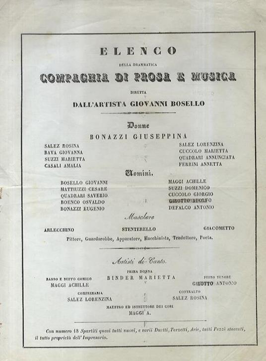 Elenco Della Drammatica Compagnia Di Prosa E Musica Diretta Dall'Artista Giovanni Bosello. Donne: Bonazzi Giuseppina Segue L'Elenco Di Tutte Le Attrici, Di Tutti Gli Attori, Delle Maschere E Degli Artisti Di Canto - copertina