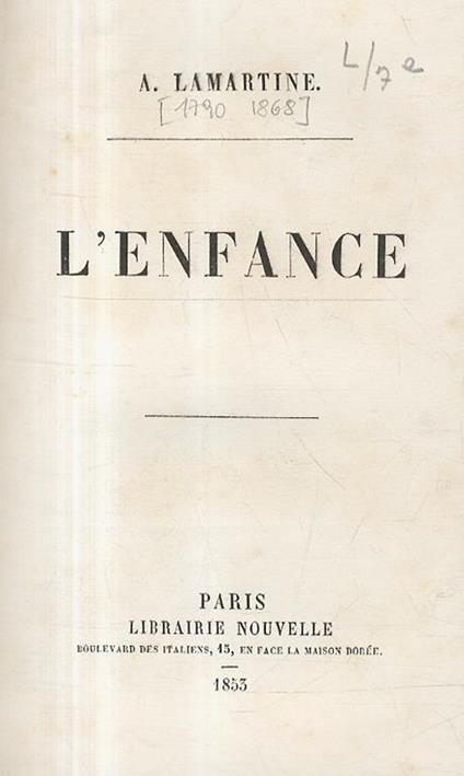 L' Enfance - Alphonse de Lamartine - copertina