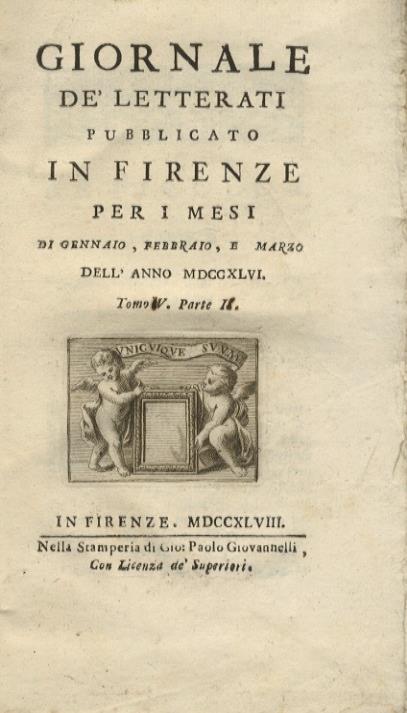 Giornale dè letterati pubblicato in Firenze per i mesi di gennaio, febbraio, e marzo dell'Anno MDCCXLVI. Tomo V. Parte I. Con 8 articoli, fra cui: Voyage de Mr. Shaw dans plusieurs provinces de la Barbarie et du Levant. Istoria della Elettricità. Disser - copertina