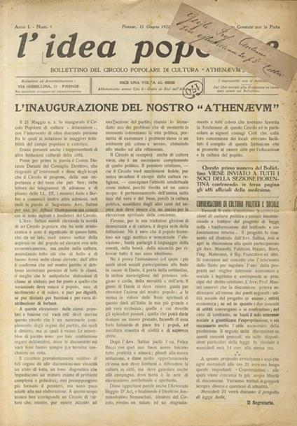 L' idea popolare. Bollettino del Circolo Popolare di Cultura Athenaeum. Anno I. Num. 1. Firenze, 15 giugno 1922 - copertina