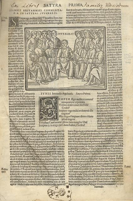 Iu. Iuvenalis Aquinatis Satyrographi Opus. Interprete Ioanne Britannico viro eruditissimo. Una cum Iodoci Badii Ascensii familiaribus explanationibus. Cum figuris apte appositis. Index praeterea omnium rerum in margine existentium secundum ordinem alphabe - copertina