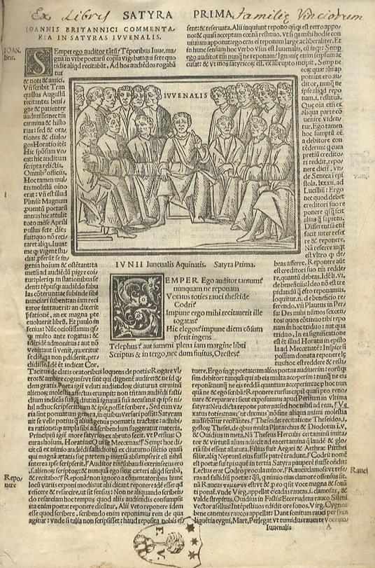 Iu. Iuvenalis Aquinatis Satyrographi Opus. Interprete Ioanne Britannico viro eruditissimo. Una cum Iodoci Badii Ascensii familiaribus explanationibus. Cum figuris apte appositis. Index praeterea omnium rerum in margine existentium secundum ordinem alphabe - copertina