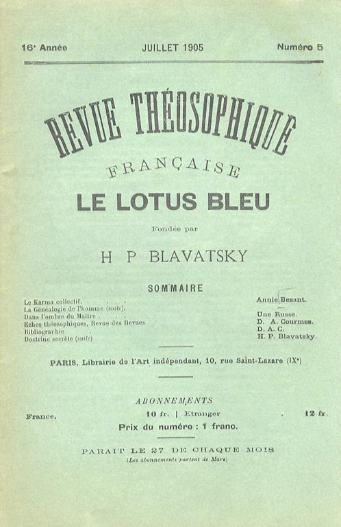 Le Karma collectif et les responsabilité nationales. In: Le Lotus bleu. Revue théosophique française fondée par H.P. Blavatsky, N. 5. 16e Année - Annie Besant - copertina