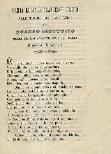Maria Lugia Sic, Per Luigia E Francesco Primo Alle Tombe Dei Cappuccini, Ossia Quadro Sinottico Degli Ultimi Avvenimenti In Italia Il Giorno 15 Gennaio 1848 - copertina